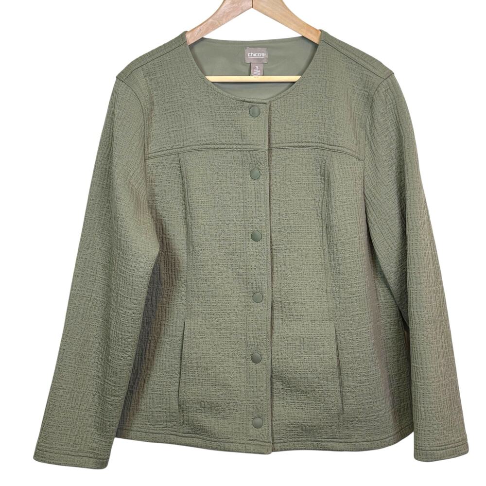Chico's Size 3 XL Sea Foam Green Snap Front Textured Lagen Look Jacket